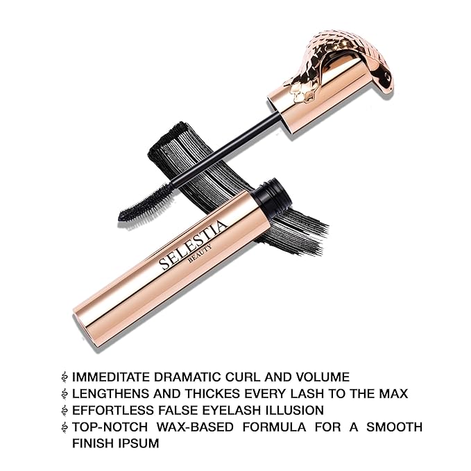 SELESTIA BEAUTY Black Mascara Queen Cobra – Volumizing, Curling, Lengthening – Soft Brush for Smooth Application – Long-Lasting & Weather-Proof – 0.34 fl.oz. - Made in Italy