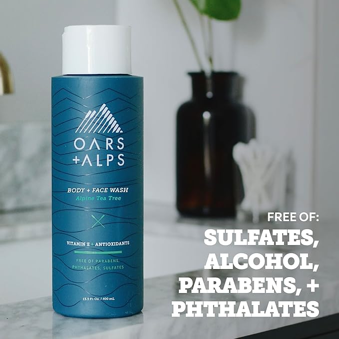 Oars + Alps Body Wash for Men, Mens Body Wash & Face Cleanser with Vitamin E & Antioxidants, Moisturizing, Paraben & Sulfate Free Cleanser, Alpine Tea Tree, 1pk