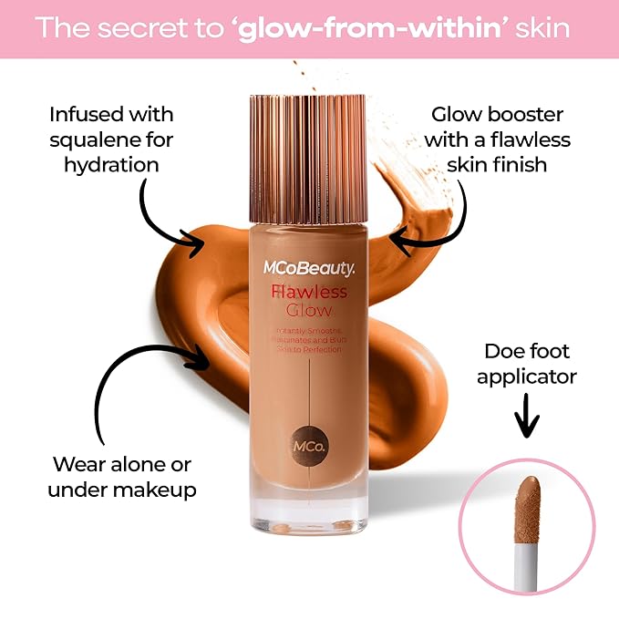 MCoBeauty Flawless Glow Luminous Skin Filter - 6 Medium Dark - 4-in-1 Primer, Highlighter & Foundation Booster - Dewy Illuminating Tint Face Makeup with Squalane Vitamin E - Vegan & Cruelty Free