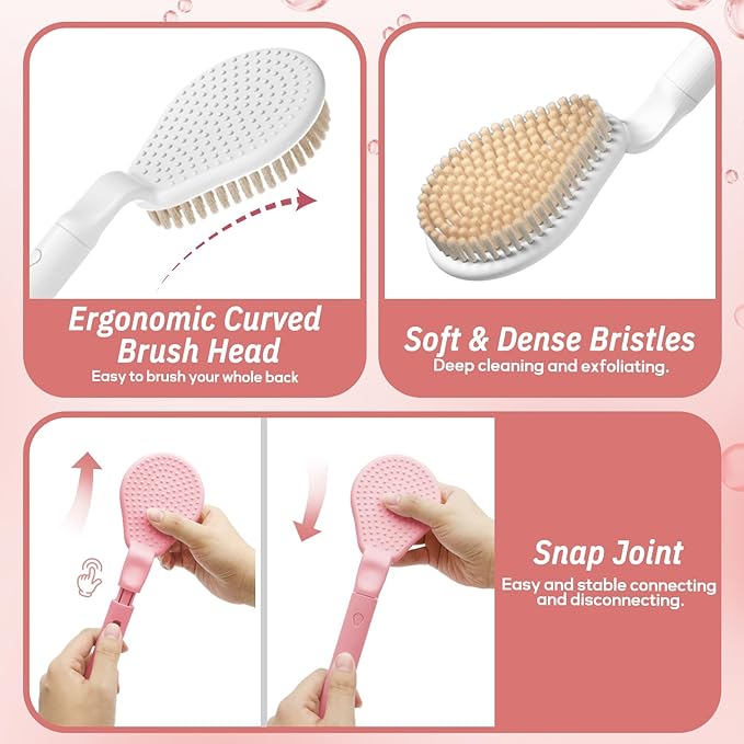 Back Scrubber for Shower & Silicone Bath Glove Set, 19’’ Detachable Long Handle Body Scrubber Wet or Dry Brush, Adjustable 2-in-1 Back & Body Brush with Soft Bristles for Deep Cleaning(Pink)