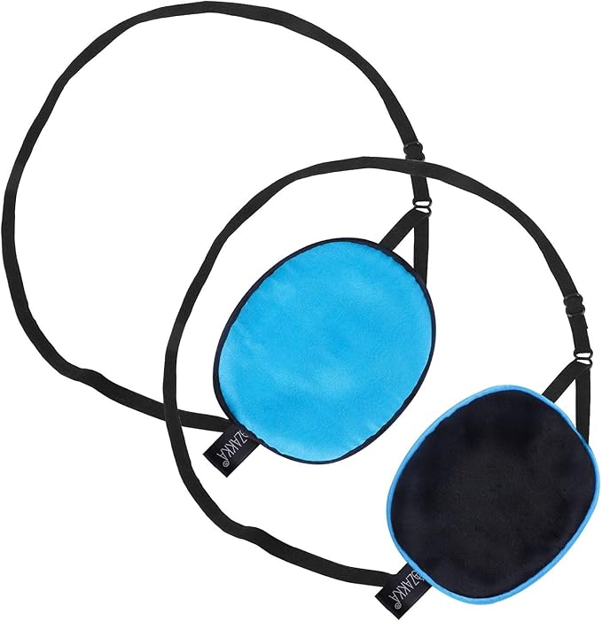 eZAKKA 2 Pieces Silk Eye Patch Medical Eye Patch for Adult Women Elastic Lazy Adjustable Single Eyepatch with Elastic Strap (L, Blue+Black)