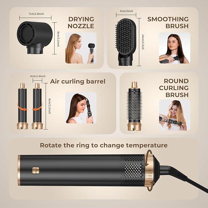 5 in 1 Hair Dryer Brush, Air Style Wrap Hair Styler, Negative Ion Blow Dryer, Hot Air Brush for Blow Drying, Hair Brush for Blow Drying, All-in-One Hair Styling Tool, Volumizing, Straightener & Curler
