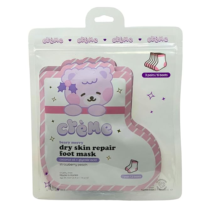 The Crème Shop Boba Bears Beary Merry Dry Skin Repair Foot Mask With Coconut Oil and Glycolic Acid for Dry Feet - Strawberry Peach (3 pc)