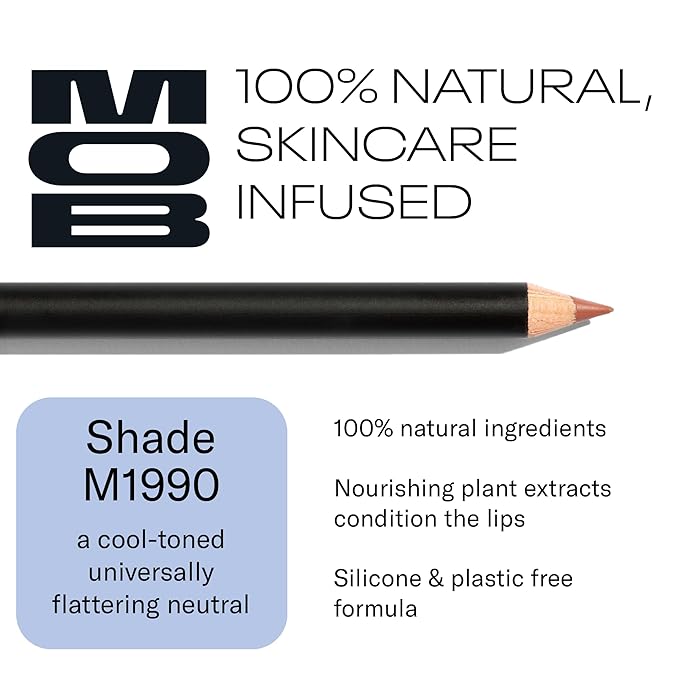 MOB Beauty Smooth Precision Waterproof Lip Liner, M1990 Cool-Toned Neutral, 100% Natural Formula Long-Wearing Lip Pencil, Plastic-Free, Vegan, Cruelty Free