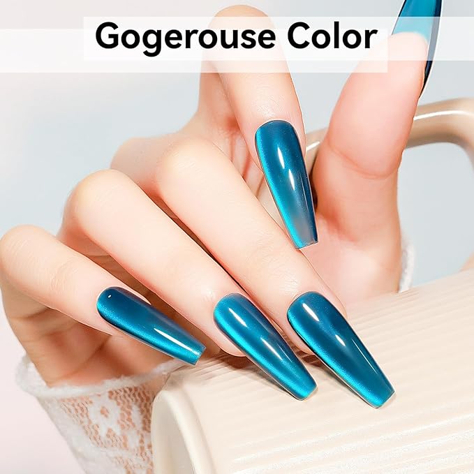 Cat Eye Gel Nail Polish, Teal Sea Blue Jelly Glass Magnetic Nail Polish Magic Holographic Effect, Glitter UV Gel Sparkle Crystal Color for Nail Salon DIY At Home