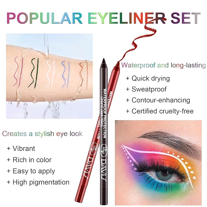 LemonSac 7 Colorful Eyeliner Pen Set, Eye Shadow Pencil, Pearl Eyeliner Kit Metallic Glitter Eye liner Pencil for Women Eye&Lip Liner Professional Eye Makeup Set Colorful Eye Color (7PCS A)