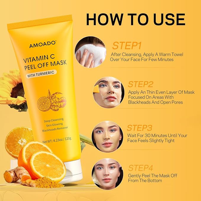 AMOADO Blackhead Remover Mask, Peel Off Face Mask with Vitamin C & Turmeric for Men and Women–Deep Cleansing Nose Facial Mask for Blackheads, Pores & Oil Control with Pimple Extractor and Brush