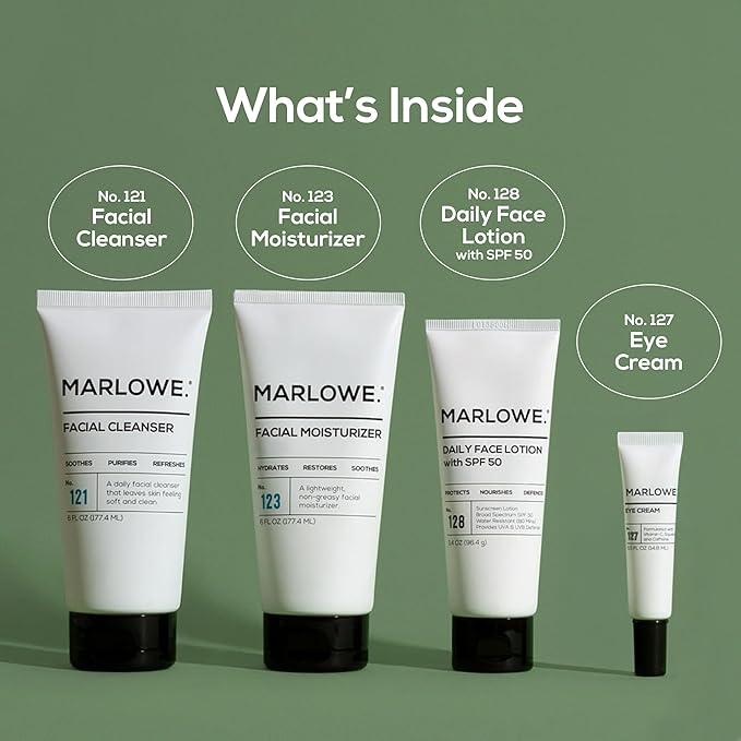 MARLOWE. Men's Skin Care Set, Daily Essential Face Kit, Purifying Facial Cleanser, Hydrating Facial Moisturizer, Revitalizing Eye Cream & Daily Face Lotion with SPF 50, Great Gift for Men, Vegan