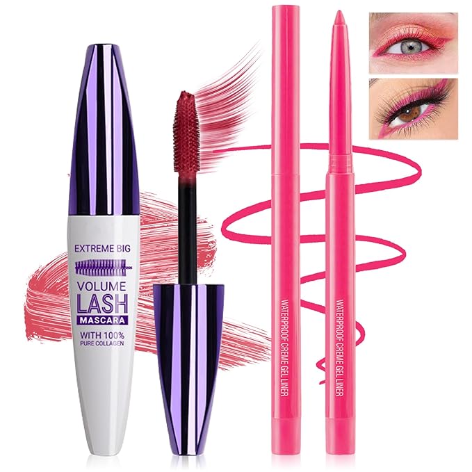 Pink Mascara and Eyeliner Set,Natural Curling Pink Mascara for Eyelashes,Volumizing Lengthening Rimel de Pestañas Waterproof,5D Colored Eye Makeup