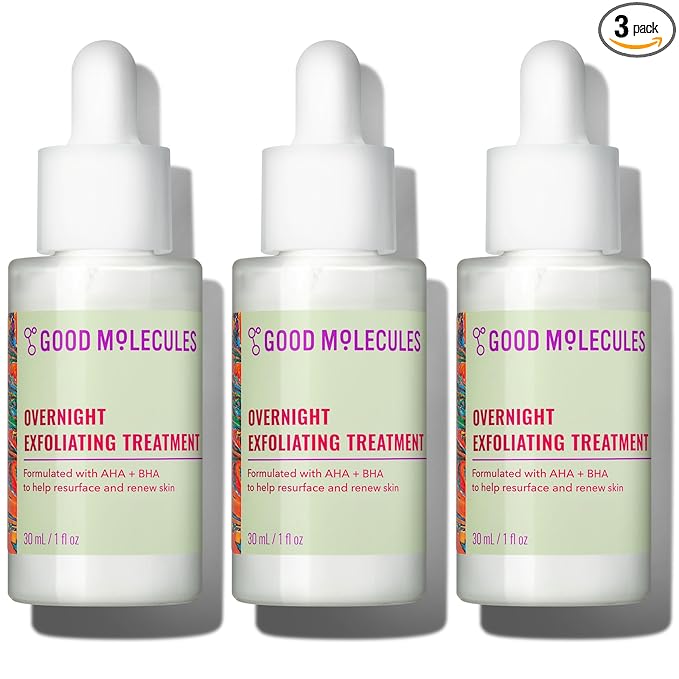Good Molecules Overnight Exfoliating Treatment Pack 3 – 1 fl oz / 30 ml Each | Lightweight Face Exfoliator with AHA & BHA, Glycolic & Salicylic Acid