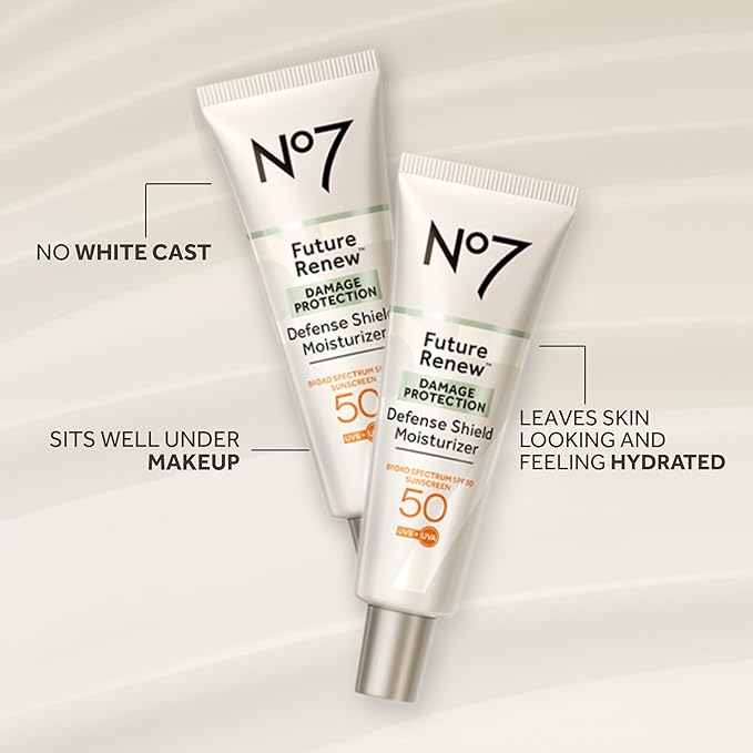 No7 Future Renew Defense Shield - Oil Free Facial Moisturizer & Sunscreen for Face with SPF 50 - Invisible & Lightweight Face Lotion with Peptides & UV Protection (1.69 fl oz)