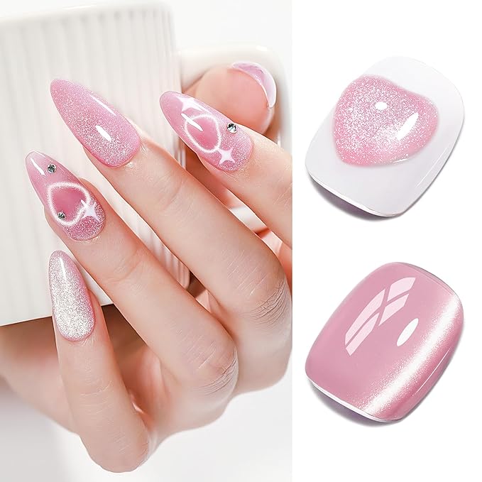 Cat Eye Gel Nail Polish, Pink Moonlight Manetic Nail Polish with Magnet Stick for Holographic Shimmer Cateye Glitter Effect UV Nail Valentine's Day Art Manicure Salon DIY Home