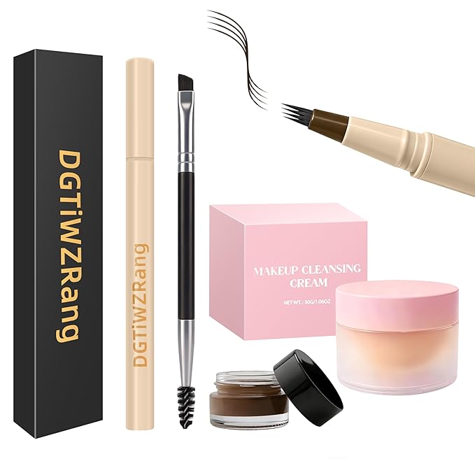Eyebrow Pen Makeup Kit, Waterproof 4-Tip Microblading Eyebrow Pencil & Eyebrow Pomade, Dual-Ended Brush, Long-Lasting Smudge-Proof Brow Kit for Natural Wild Brows, Dark Brown