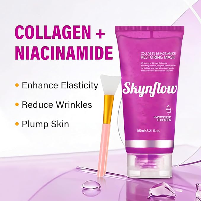 Skynflow Overnight Hydrating Sleep Mask 95ml with Silicone Brush - 3-in-1 Wash Off Gel Mask with Hyaluronic Acid，Hydrolyzed Collagen& Niacinamide - For Deep Moisturize, All Skin Types