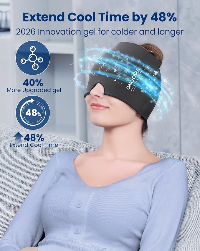 ONLYCARE Migraine Relief Cap, Soothing Migraine Mask, Upgraded Odorless Gel Ice Head Wrap, Hot and Cold Therapy, Headache Ice Pack for Tension, Stress, Hangover(Grey)