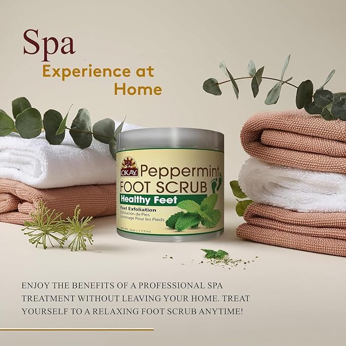 OKAY Peppermint Foot Scrub - Exfoliating Foot Scrub, Foot Exfoliator, Great for Cracked Heels, Pedicures, Dead Skin Remover, Exfoliant for Calluses, Moisturizer for Dry Skin - 6 Oz (Pack of 1)