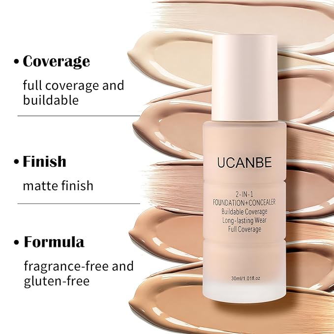 UCANBE 2-IN-1 Foundation + Concealer, Full Coverage Long-Lasting Matte Makeup for Normal, Combination and Oily Skin, Buildable Waterproof Formula with Hyaluronic Acid （05 Nude Beige）