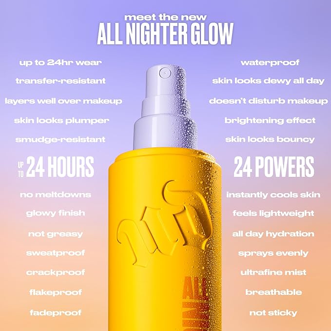 Urban Decay All Nighter Waterproof Makeup Setting Spray - Glass-Skin Glow Finish, Up to 24HR Wear, Dewy Facial Mist, Glow Foundation Face Primer, Smudge-Proof, Transfer-Resistant - 4 fl oz (Pack of 2)