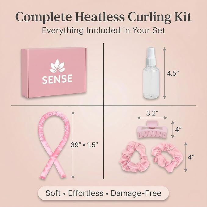 Heatless Curls Overnight Kit, 39" Satin Curling Rod – Frizz-Free No-Heat Waves for Long Hair, Comfortable to Sleep In, Includes 2 Scrunchies & Claw Clip (Pink)