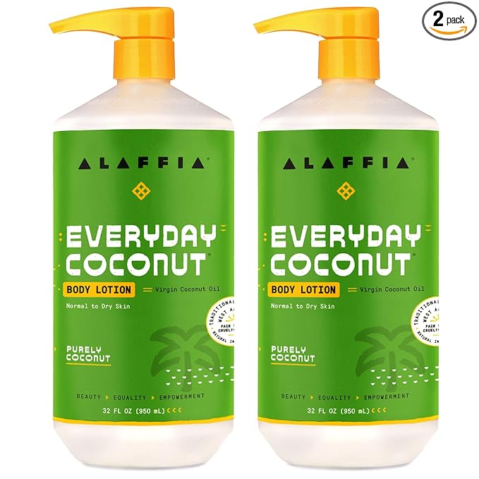 Alaffia Everyday Coconut Hydrating Body Lotion, Normal to Dry Skin, Moisturizing Oil is Support for Soft & Supple Skin, Purely Coconut, 2 Pack - 32 Fl Oz Ea