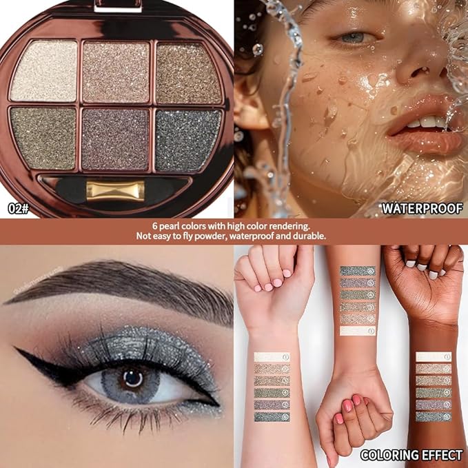 Champagne Taupe Neutral Shimmer Eyeshadow Palette, 6 Color High Pigment Blendable Glitter Eye Shadow Makeup for Older Women, Lightweight Travel Friendly, Suitable for All Eye Shapes, Smokey Look 02#