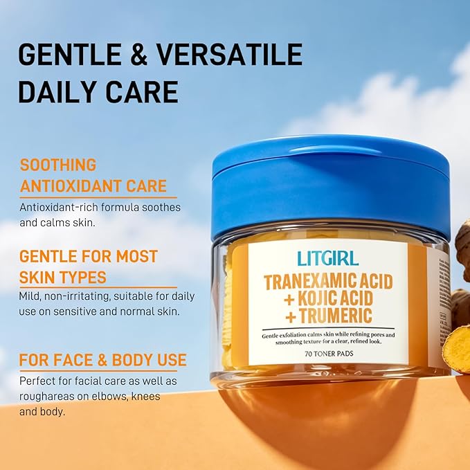 Turmeric Kojic Acid Toner Pads, With Tranexamic Acid, Exfoliating & Cleansing Face Pads, Dark Spot Care, Skin Oil Balancing, For All Skin Types, 70 Pcs For Face & Body