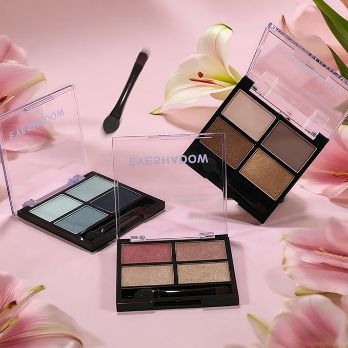 4-in-1 Eye Makeup Kit 4 Colors Eyeshadow Palette Black Liqiud Eyeliner with Stamp and Double-headed Brown Eyebrow Pencil Set for Women Beginners Gift (01)