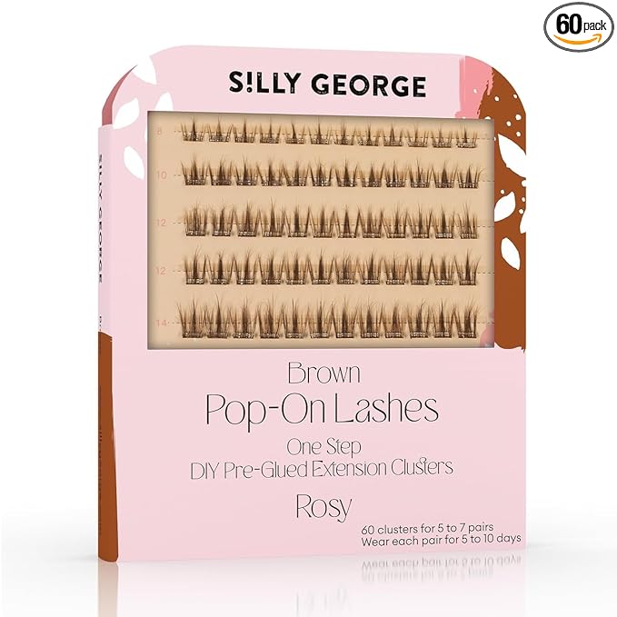 Silly George Pop-On Lashes - DIY 1-Step Pre-Glued Faux Eyelash Clusters, Natural Look Extensions, Light Brown - Rosy, 5-7 Pair Set, Pack of 60 Clusters