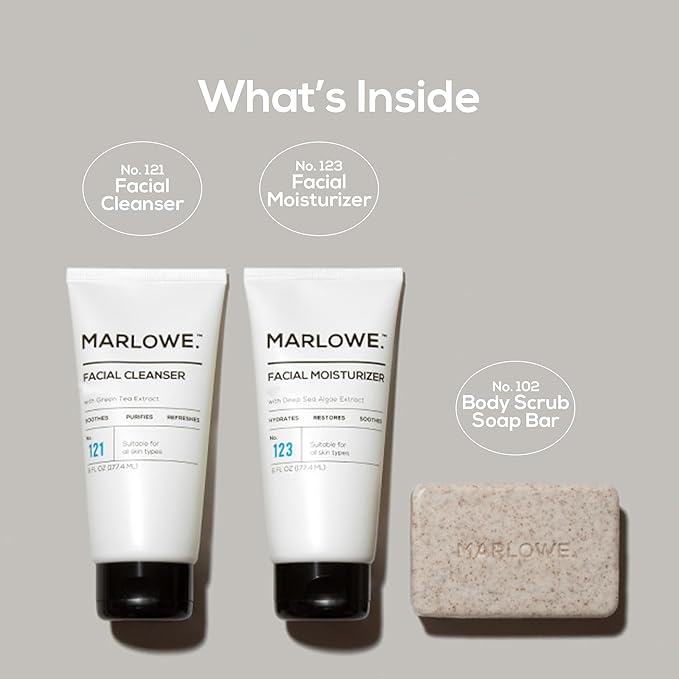 MARLOWE. Men's Skin Care Set, 3-Piece Best Sellers Kit, Exfoliating Scrub Soap Bar, Purifying Facial Cleanser & Hydrating Facial Moisturizer, Great Gift for Men, Clean, Vegan Grooming Essentials
