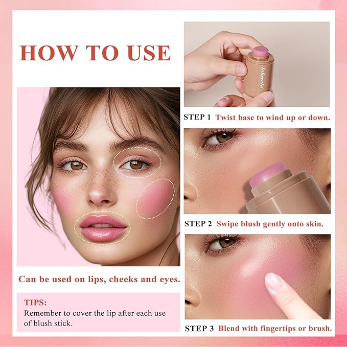 Cream Blush stick, Natural-Looking Matte Finish Makeup Blush stick, Hydrating Long Lasting Lightweight Blendable Blush for cheeks (#1 Soft Pink, 1 PC)