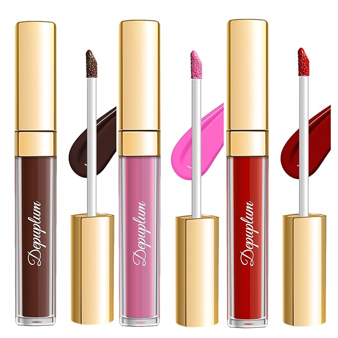 Depuplum 3Pc Matte Liquid Lipsticks for Women, Dark Brown Lipstick Red Lisptick Pink Lipstick, Cruelty Free Long Lasting Lip Makeup (DM15+DM05+DM26)