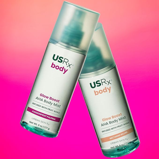Urban Skin Rx Glow Boost AHA Body Mist, Helps Smooth, Gently Exfoliate, and Boost Radiance, Mood-Boosting Scent, Hydrate, Soothe, and Refresh, Non-Greasy, Fast-Absorbing, Nectarine Bellini, 6 Fl Oz