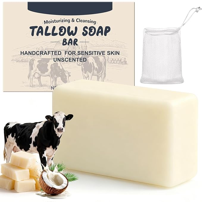 Beef Tallow Soap Bar, All Natural and Organic Grass Fed Tallow Soap, Moisturizing Face & Body Wash for Dry, Itchy, Sensitive Skin, Deep Cleansing Handmade Bath Soap for Adults, Kids - 1 Pack