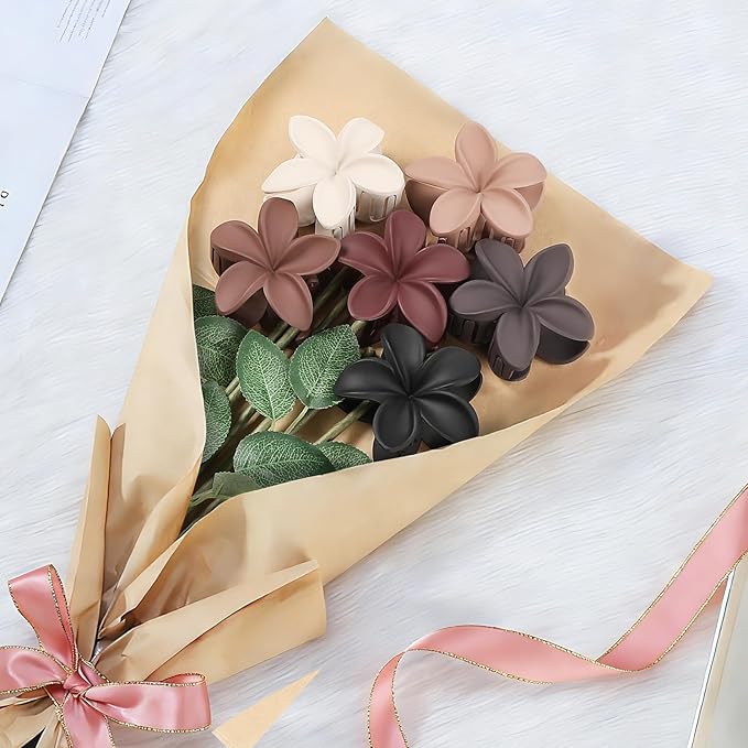 CHANDAT Flower Hair Clips 6 PCS Hawaiian Claw Clips for Vacation Hibiscus Hair Claw Cute Large Hair Clips for Thick and Thin Hair Plumeria Hair Accessories for Women Girls -Brown Scarlet