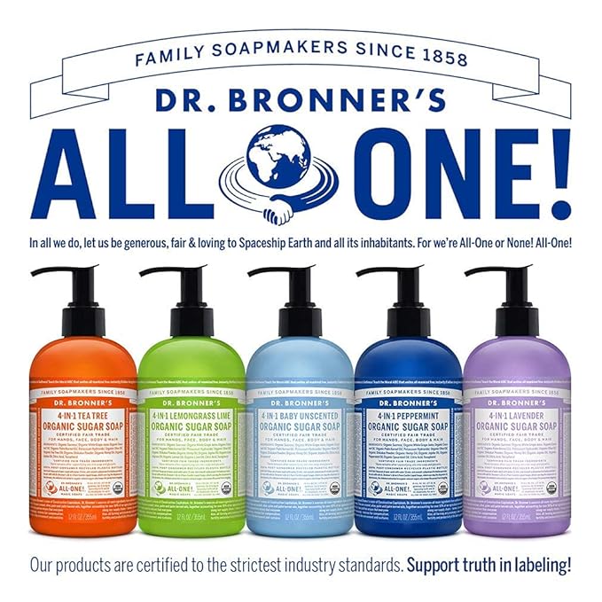 Dr. Bronner's - Organic Sugar Soap (Lavender, 12 Ounce) - Made with Organic Oils, Sugar and Shikakai Powder, 4-in-1 Uses: Hands, Body, Face and Hair, Cleanses, Moisturizes and Nourishes, Vegan