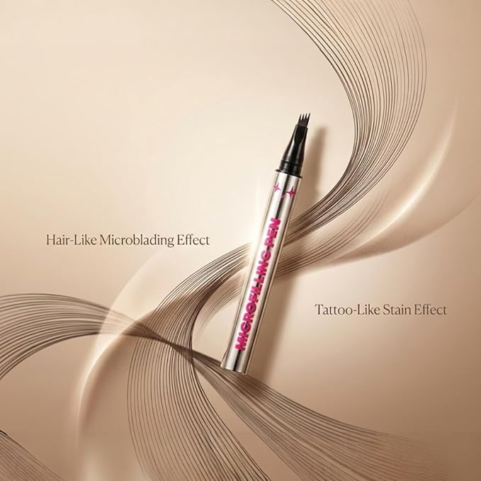 Microfilling Eyebrow Pen – Professional 4 Tip Microblading Brow Pen, Waterproof & Long Lasting Hair Stroke Tattoo Effect, Smudge Proof Precision Brow Pencil for Sparse Brows – Light Warm Brown