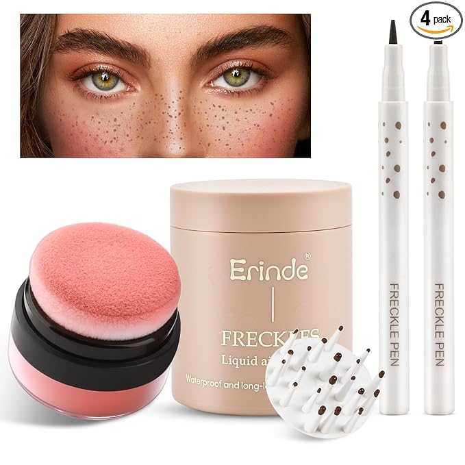 Erinde Natural Freckle Foundation Makeup Kit - Liquid Freckle Pen & Fake Freckles Stamp Air Cushion & Powder Cushion Blush, Long Lasting Waterproof Freckles Tattoo Marker for Natural Sunkissed Makeup