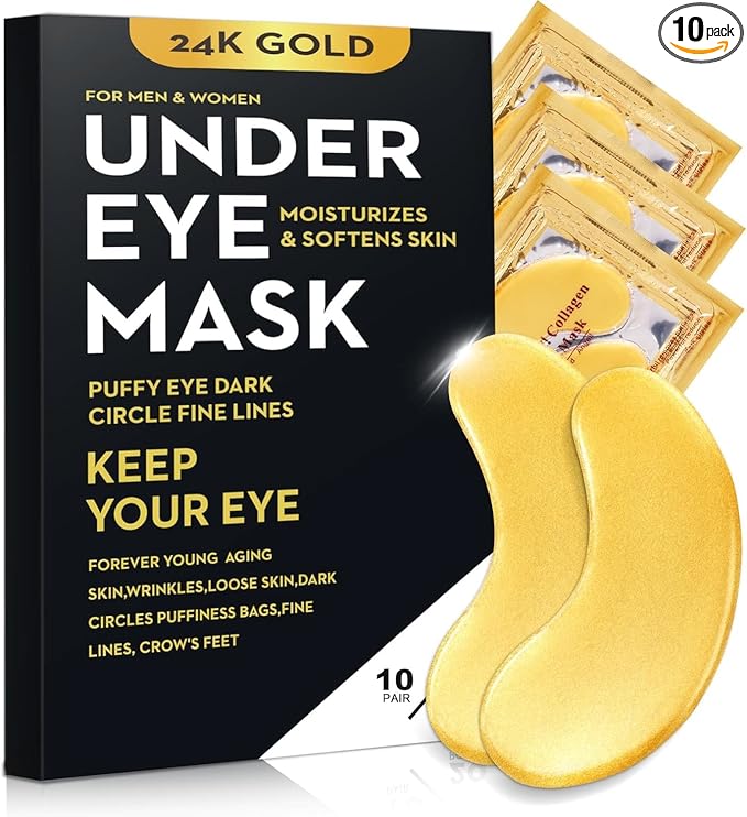 20Pcs/10Pairs Under Eye Patches Gold for Dark Circles, Puffy Eyes, and Wrinkles, 24K Gold Eye Mask for Face, Eye Cream for Men and Women