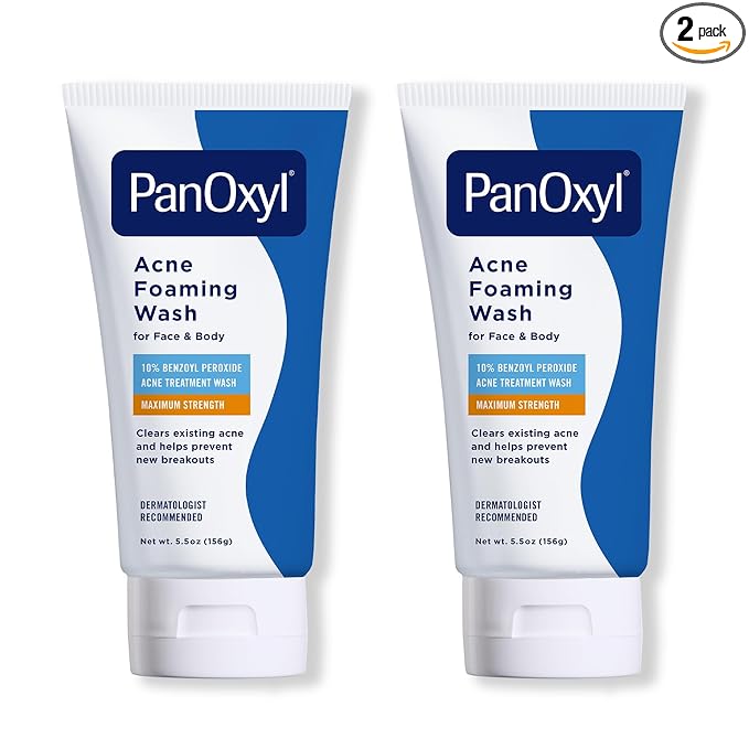 PanOxyl 10% Benzoyl Peroxide Acne Foaming Wash, Maximum Strength, Daily Acne-Fighting Face & Body Cleanser, Face Wash to Clear, Treat and Prevent Acne Pimples and Stubborn Breakouts, 5.5 Oz, Pack of 2