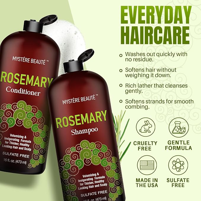 MYSTÉRE BEAUTÉ Rosemary Shampoo and Conditioner Set for Hair Growth - 16 oz Each - Sulfate Free with Biotin, Keratin & Argan Oil - Strengthens, Thickens & Reduces Thinning for Men and Women