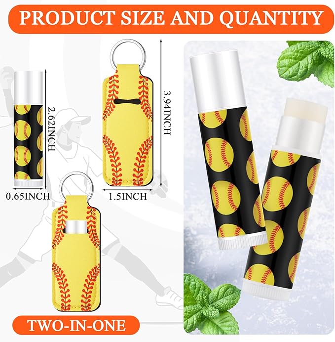 18 Sets Softball Party Favors Lip Balm and Lipstick Holder Keychain Bulk Sport Ball Team Gifts Natural Moisturizing Lip Balm Keychains Pouch for Team Sports Party Supplies(Yellow)