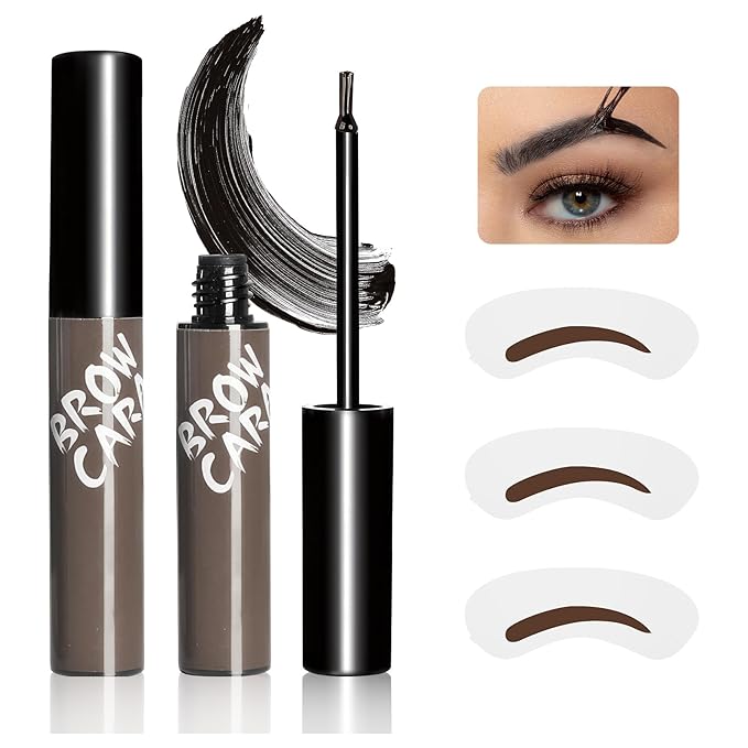 Brow Tattoo Peel Off Gel - Long-Lasting Makeup & Waterproof Eyebrow Gel with Eyebrow Stencils, Transfer-Proof Eye Brow Pencils for Women Create Fuller & Defined Looking Brows (Gray Brown)
