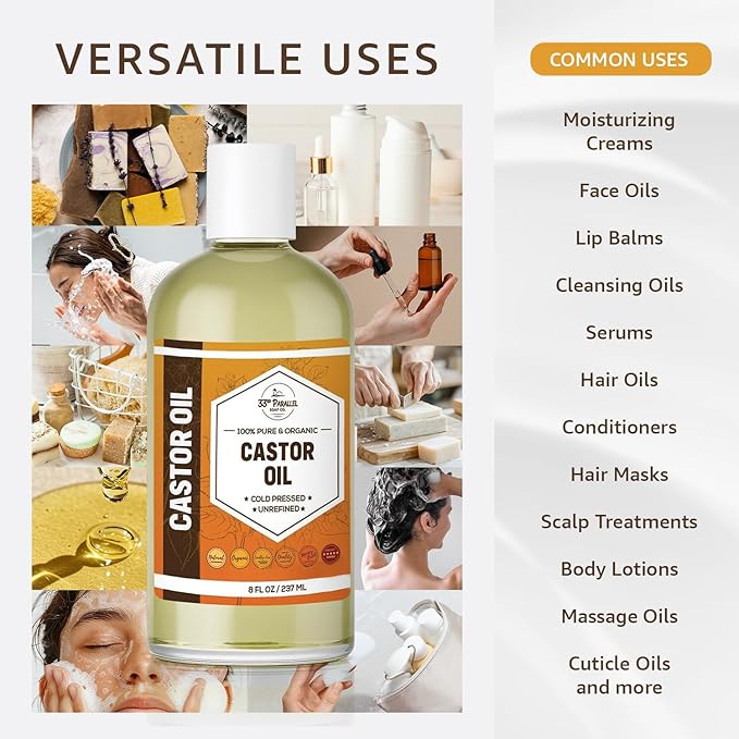 CASTOR OIL ( 16 oz ) Premium Cold Pressed Unrefined | Hexane Free | 100% Natural Promotes Healthy Skin & Hair | Thickens Eyebrows Lengthens Eyelashes | Strengthens Nails Cuticles | Massage | 16 FL OZ