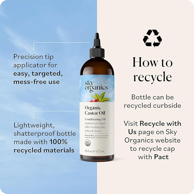 Sky Organics - Castor Oil Organic - Volumizing Hair Oil - Scalp, Lashes, Brows - Pure Castor Oil Cold Pressed - Natural Conditioner - Omega Fatty Acids, Vegan - Beauty, Hair Care, & Self Care - 16oz