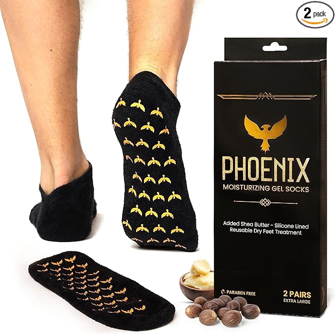 Moisturizing Gel Socks for Men - Extra Large 2 Pairs - Silicone Heel Socks, Cracked Heel Treatment, Reusable Spa Socks with Shea Butter for Dry Skin & Foot Care