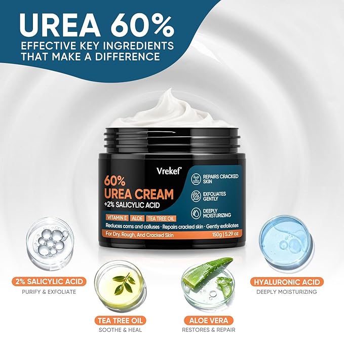 Urea Cream 60% with 2% Salicylic Acid, Urea Cream 60 Percent for Feet Maximum Strength, Foot Cream & Callus Remover for Dry Cracked Heels, Rough Thick Skin, Deep Hydration, 5.29 oz