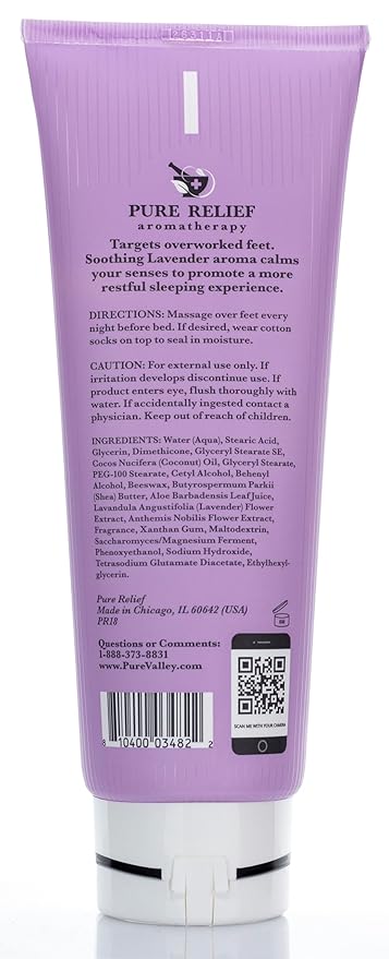Pure Relief Relaxing Foot Lotion Moisturizer Cream For Dry Feet – Lavender Foot Care Cream W/Shea Butter, Aloe, & Coconut Oil – W/Soothing Scent, Pedicure Supplies, 8 Oz