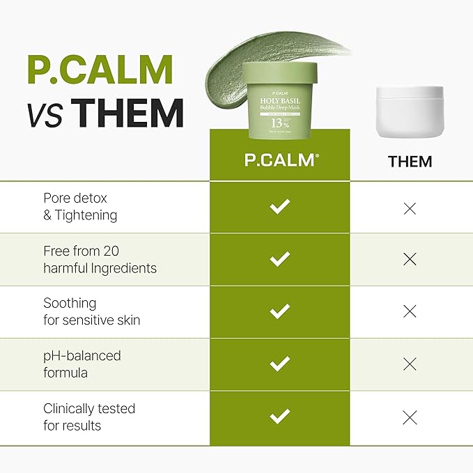 P.CALM Holy Basil Bubble Deep Mask | Blackhead Removal & Pore Cleansing, Purifying Clay Wash-Off Pack, Carbonated Water, for Sensitive Skin | Korean Skincare, 90g / 3.17 oz
