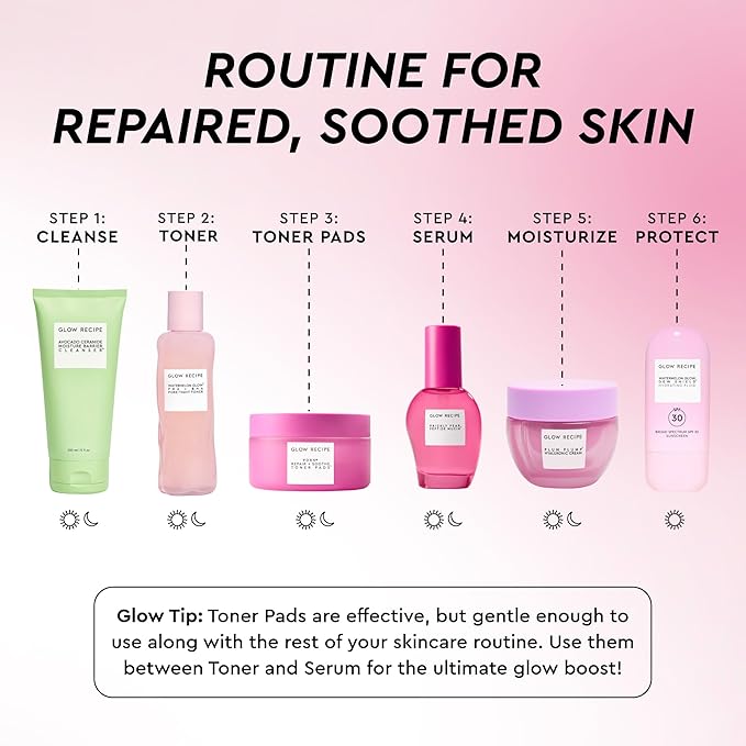 Glow Recipe PDRN+ Repair + Soothe Toner Pads - Fragrance-Free Face Toner Pads for Sensitive Skin - Barrier Repair, Redness Reducing + Calming Hydration with Centella - Korean Skin Care (60 Face Pads)