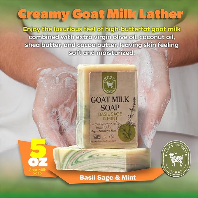 Honey Sweetie Acres Basil, Sage & MInt Goat Milk Soap - Handmade 5 oz Bar, Made with Natural Ingredients, Moisturizing & Gentle, Made in the USA